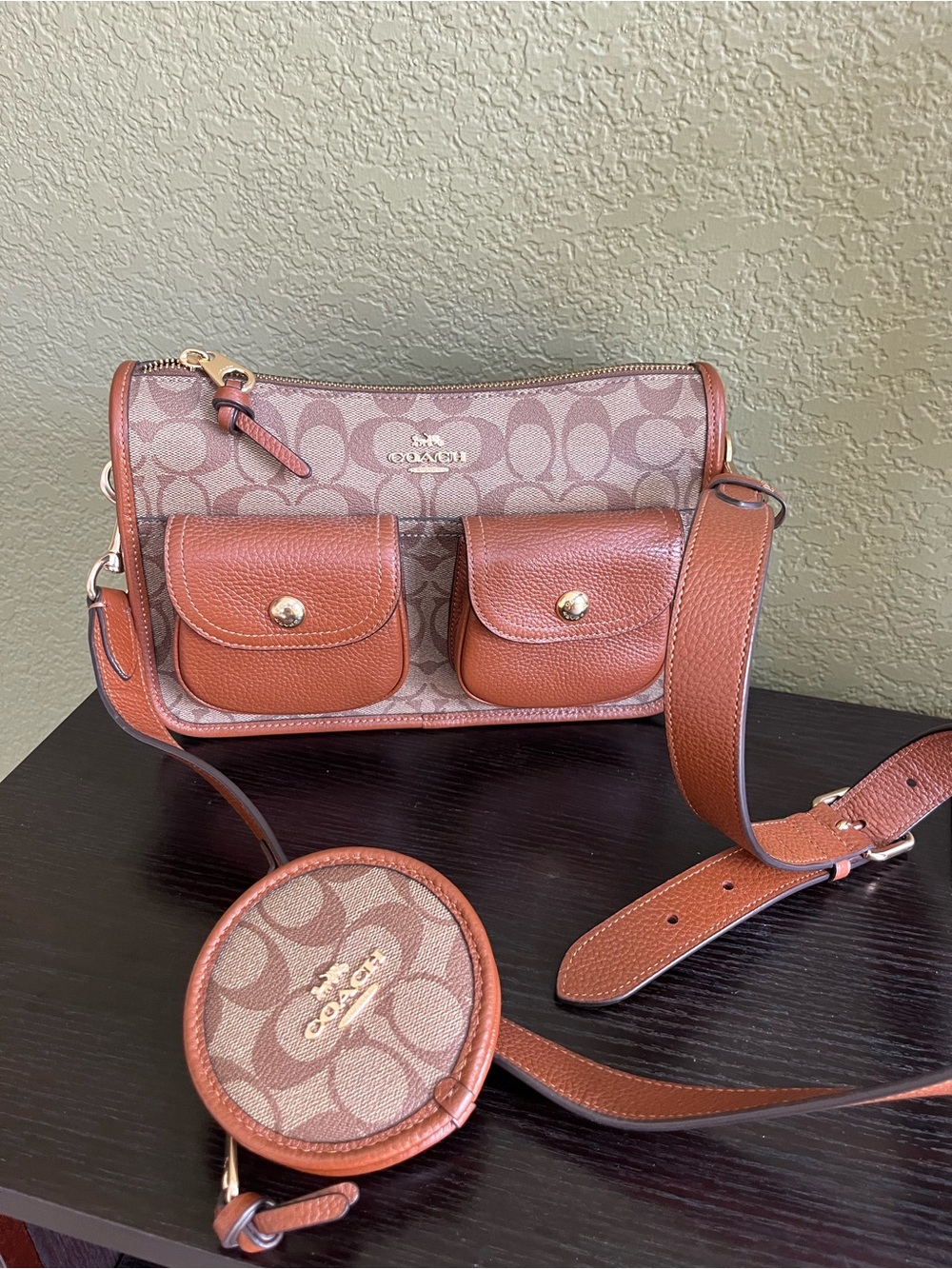 Coach Pennie Brown Signature Canvas Crossbody with Saddle Trim and Coin Pouch